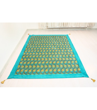 Turkish Bedspread, Twin L Size Bed Cover, 7.2X5.2, Turquoise Blue Tulip Pattern Fabric Blankets, Ottoman Decorative Bed Cover