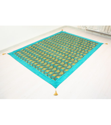 Turkish Bedspread, Twin L Size Bed Cover, 7.2X5.2, Turquoise Blue Tulip Pattern Fabric Blankets, Ottoman Decorative Bed Cover