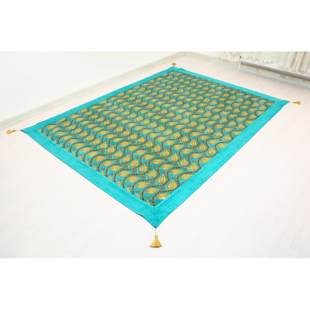 Turkish Bedspread, Twin L Size Bed Cover, 7.2X5.2, Turquoise Blue Tulip Pattern Fabric Blankets, Ottoman Decorative Bed Cover