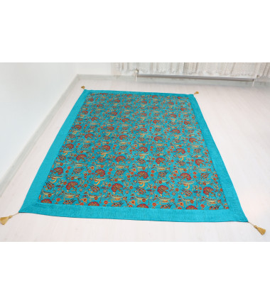 Turkish Bedspread, Twin L Size Bed Cover, 7.2X5.2, Turquoise Blue Carnation Pattern Fabric Blankets, Ottoman Bed Cover