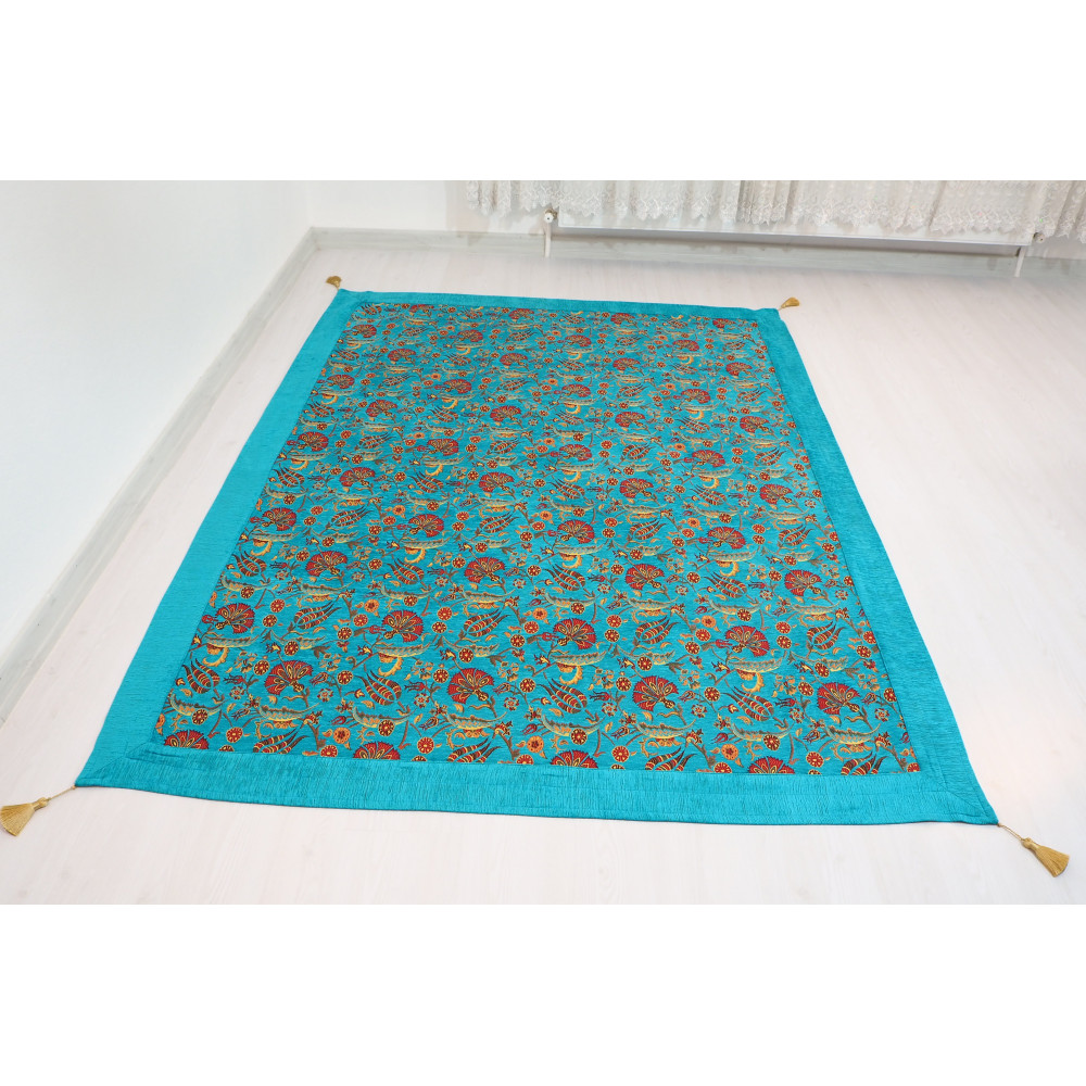 Turkish Bedspread, Twin L Size Bed Cover, 7.2X5.2, Turquoise Blue Carnation Pattern Fabric Blankets, Ottoman Bed Cover