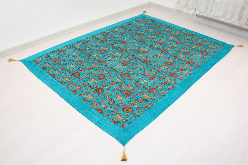 Turkish Bedspread, Twin L Size Bed Cover, 7.2X5.2, Turquoise Blue Carnation Pattern Fabric Blankets, Ottoman Bed Cover