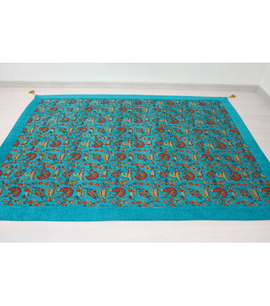 Turkish Bedspread, Twin L Size Bed Cover, 7.2X5.2, Turquoise Blue Carnation Pattern Fabric Blankets, Ottoman Decorative Bed Cove