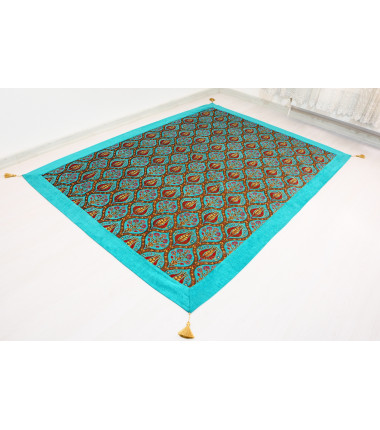 Turkish Bedspread, Twin L Size Bed Cover, 7.2X5.2, Turquoise Blue Tulip Pattern Fabric Blankets, Ottoman Decorative Sofa and Bed