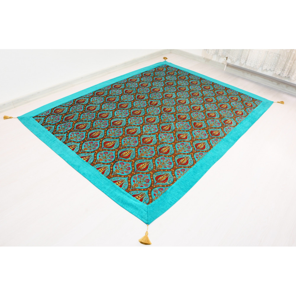 Turkish Bedspread, Twin L Size Bed Cover, 7.2X5.2, Turquoise Blue Tulip Pattern Fabric Blankets, Ottoman Decorative Sofa and Bed