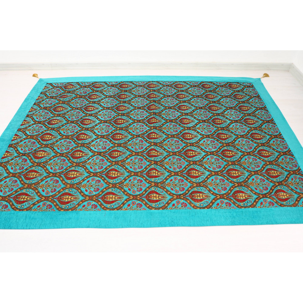 Turkish Bedspread, Twin L Size Bed Cover, 7.2X5.2, Turquoise Blue Tulip Pattern Fabric Blankets, Ottoman Decorative Bed Cover