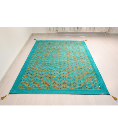 Turkish Bedspread, Twin L Size Bed Cover, 7.2X5.2, Turquoise Blue Tiger Eyes Pattern Fabric Blankets, Ottoman Bed Cover