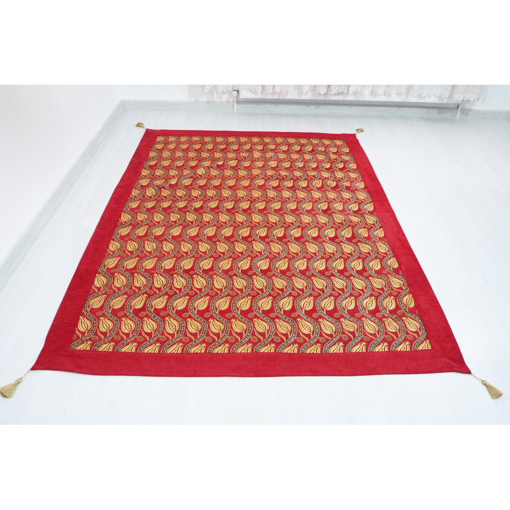 Turkish Bedspread, Twin L Size Bed Cover, 7.2X5.2, Red Tulip Pattern Fabric Blankets, Ottoman Decorative Sofa and Bed Cover