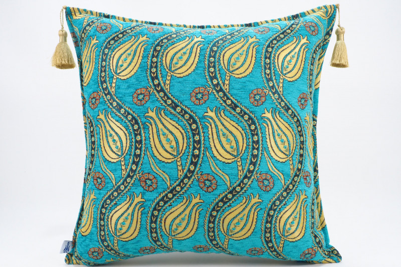 Fabric Pillow, Fabric Pillow 20x20, Turquoise Blue Water Line Tulip Pattern Turkish Jacquard Fabric Pillow, Accent Lumber Pillow