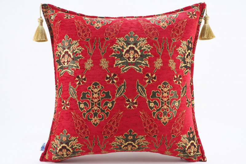 Fabric Pillow, Fabric Pillow 20x20, Red Topkapi Palace Tulip Pattern Turkish Jacquard Fabric Pillow, Chenille Fabric Pillow Case