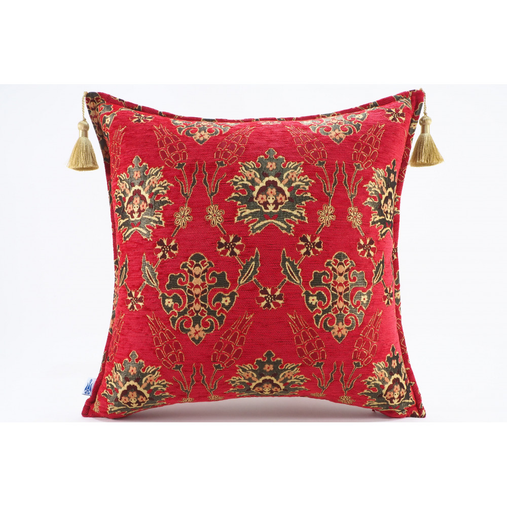 Fabric Pillow, Fabric Pillow 20x20, Red Topkapi Palace Tulip Pattern Turkish Jacquard Fabric Pillow, Chenille Fabric Pillow Case