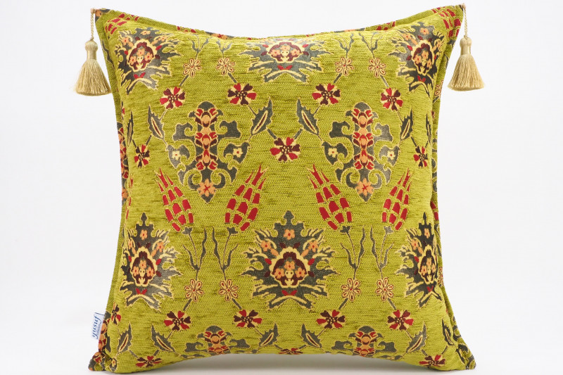 Fabric Pillow, Fabric Pillow 20x20, Pistachio Green Topkapi Palace Tulip Pattern Turkish Jacquard Fabric Pillow, Chenille Pillow