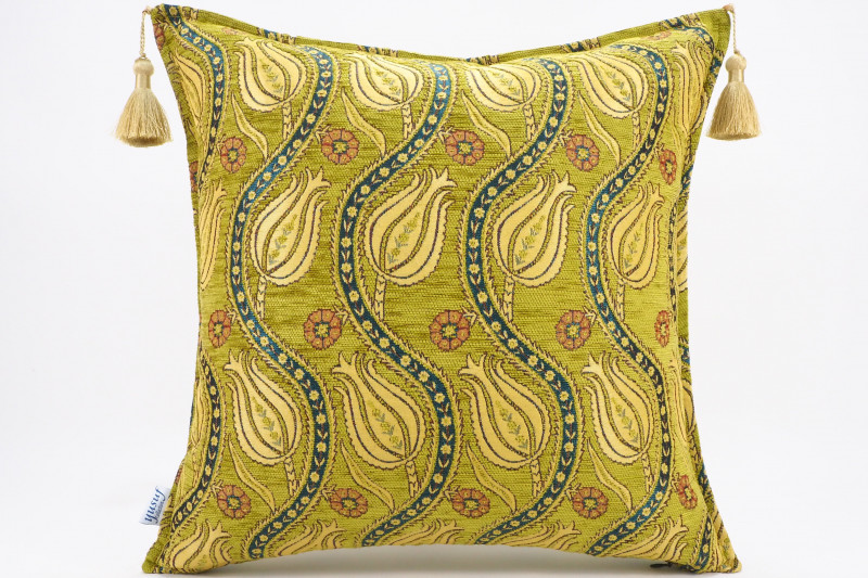 Fabric Pillow,Fabric Pillow 20x20, Pistachio Green Water Line Tulip Pattern Turkish Jacquard Fabric Pillow, Accent Lumber Pillow