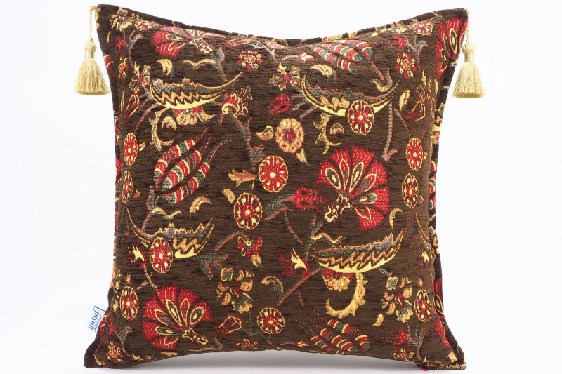 Fabric Pillow,Fabric Pillow 20x20,Brown Caucasus Carnation Pattern Turkish Jacquard Fabric Pillow,Decorative Pillow,Sofa Pillow