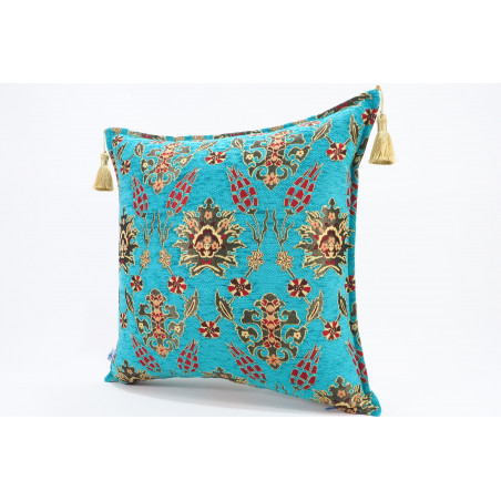 Fabric Pillow, Fabric Pillow 20x20, Turquoise Blue Topkapi Palace Tulip Pattern Turkish Jacquard Fabric Pillow, Chenille Pillow