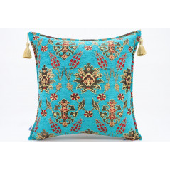 Fabric Pillow, Fabric Pillow 20x20, Turquoise Blue Topkapi Palace Tulip Pattern Turkish Jacquard Fabric Pillow, Chenille Pillow