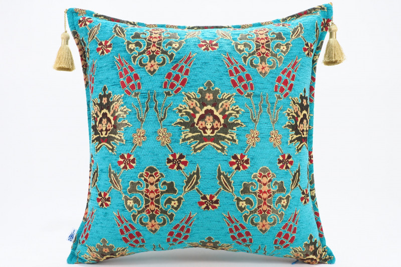 Fabric Pillow, Fabric Pillow 20x20, Turquoise Blue Topkapi Palace Tulip Pattern Turkish Jacquard Fabric Pillow, Chenille Pillow