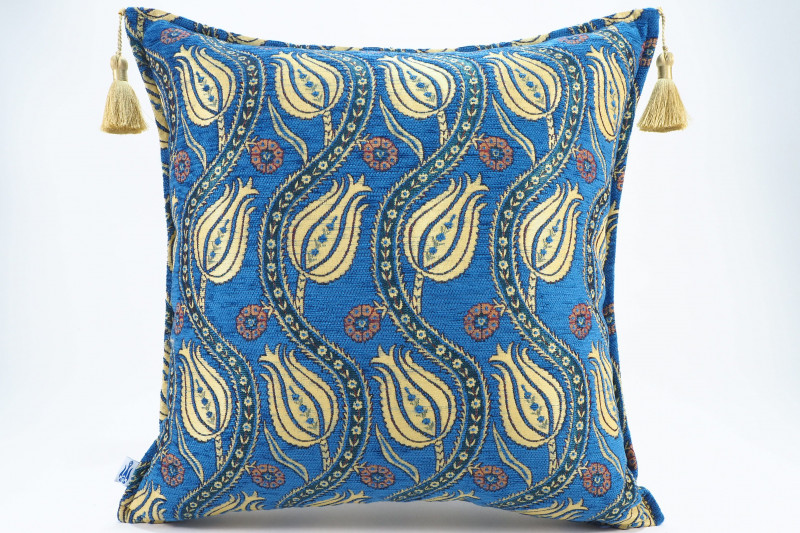 Fabric Pillow,Fabric Pillow 20x20,Navy Blue Water Line Tulip Pattern Turkish Jacquard Fabric Pillow,Accent Pillow, Lumber Pillow