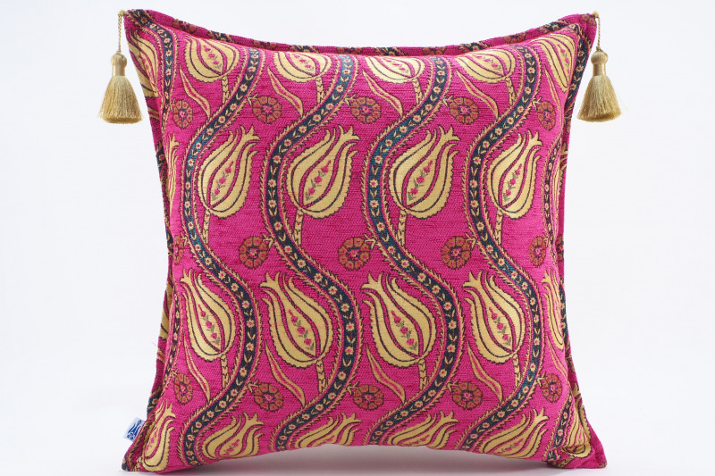 Fabric Pillow, Fabric Pillow 20x20, Mazenda Pink Water Line Tulip Pattern Turkish Jacquard Fabric Pillow, Accent Lumber Pillow