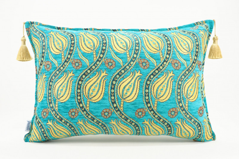 Fabric Pillow,Fabric Pillow 16x24,Turquoise Blue Water Line Tulip Pattern Turkish Jacquard Fabric Pillow,Chenille Fabric Pillow