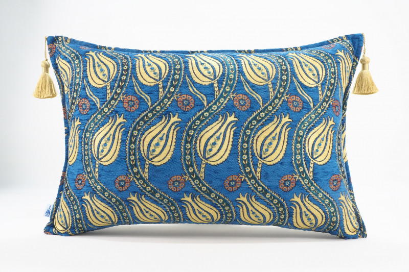 Fabric Pillow, Fabric Pillow 16x24, Navy Blue Water Line Tulip Pattern Turkish Jacquard Fabric Pillow, Chenille Fabric Pillow