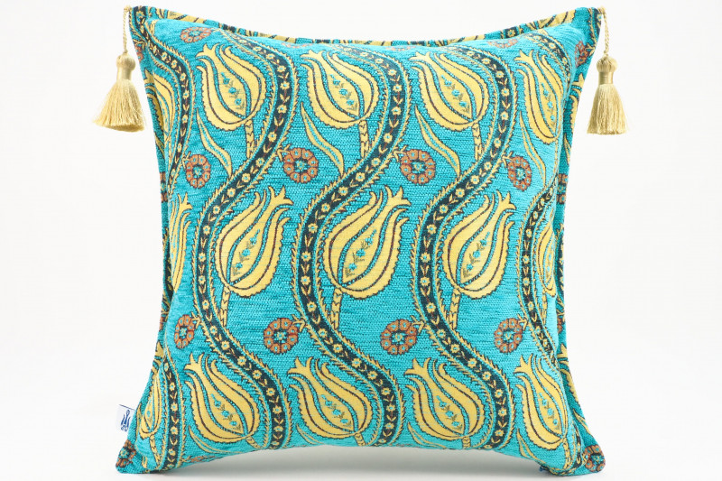 Fabric Pillow, Fabric Pillow 18x18, Turquoise Blue Water Line Tulip Pattern Turkish Fabric Pillow, Decorative and Throw Pillow