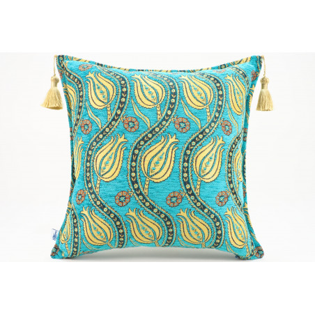 Turkish Fabric Pillow 18x18, Turquoise Blue Tulip Pattern Decorative Ottoman Fabric Pillow