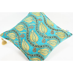 Turkish Fabric Pillow 18x18, Turquoise Blue Tulip Pattern Decorative Ottoman Fabric Pillow