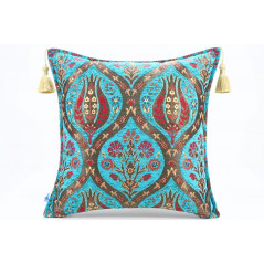 Turkish Fabric Pillow 18x18, Turquoise Blue Tulip Decorative Ottoman Fabric Pillow