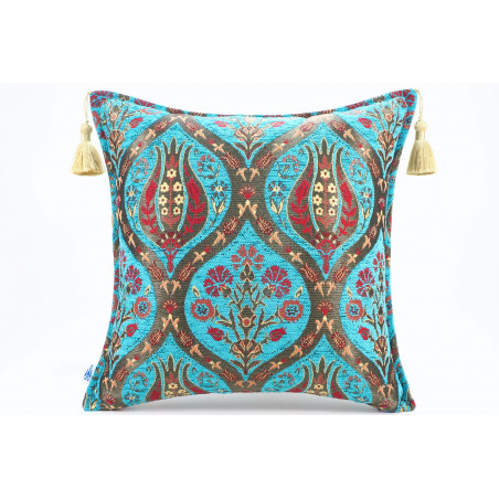 Turkish Fabric Pillow 18x18, Turquoise Blue Tulip Decorative Ottoman Fabric Pillow