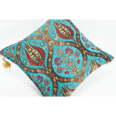 Turkish Fabric Pillow 18x18, Turquoise Blue Tulip Decorative Ottoman Fabric Pillow