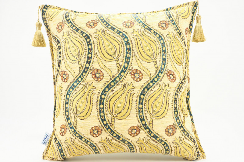 Fabric Pillow, Fabric Pillow 18x18, Beige Water Line Tulip Pattern Turkish Fabric Pillow, Decorative Accent and Throw Pillow