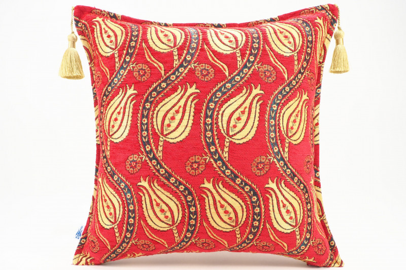 Fabric Pillow, Fabric Pillow 18x18, Red Water Line Tulip Pattern Turkish Fabric Pillow, Decorative Accent and Throw Pillow