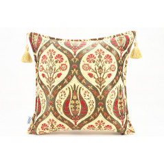 Turkish Fabric Pillow 18x18, Beige Tulip Pattern Decorative Ottoman Fabric Pillow