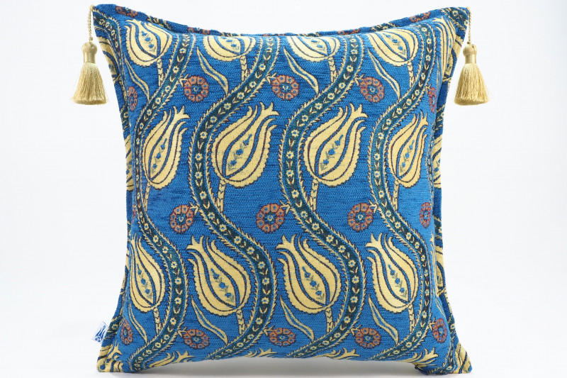 Fabric Pillow, Fabric Pillow 18x18, Navy Blue Water Line Tulip Pattern Turkish Fabric Pillow, Decorative Accent and Throw Pillow