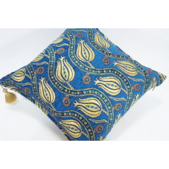 Turkish Fabric Pillow 18x18, Navy Blue Tulip Pattern Decorative Ottoman Fabric Pillow