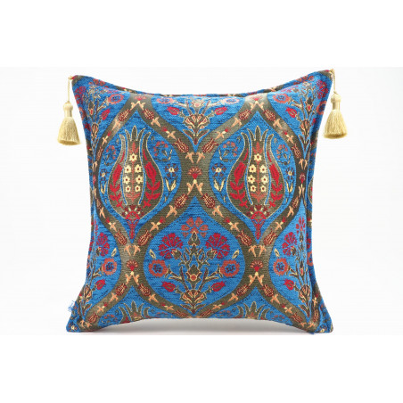 Turkish Fabric Pillow 18x18, Navy Blue Tulip Pattern Decorative Ottoman Fabric Pillow