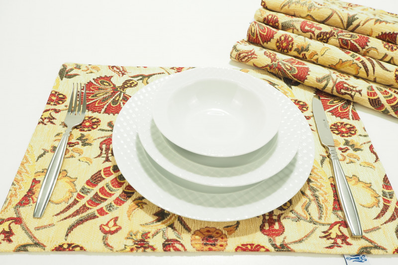 PlaceMats, Table Linens 12x18, Beige Caucasus Carnation Pattern Turkish Fabric Table Mat, Table Decoration, Home Living, Dining