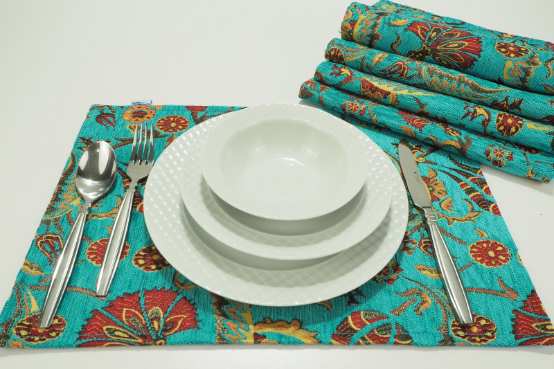 PlaceMat, Table Linens 12x18,Turquoise Blue Caucasus Carnation Pattern Turkish Fabric Table Mat,Table Decoration,Kitchen Dining