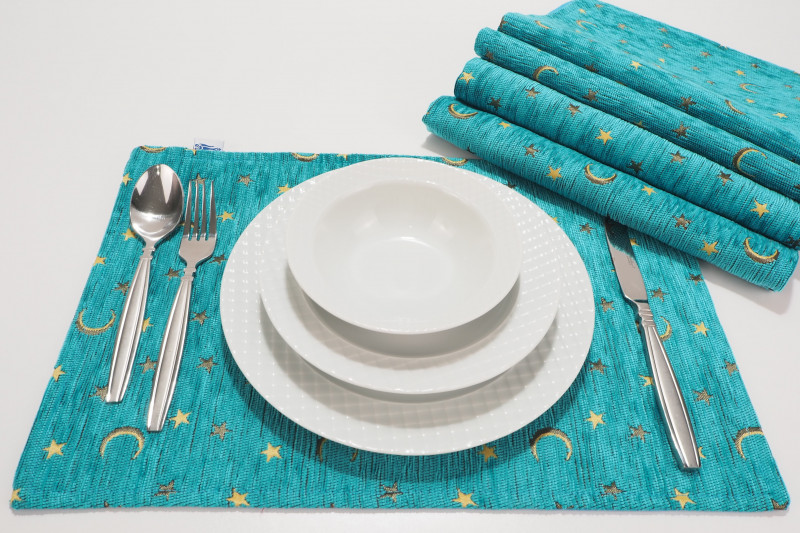 Place Mats,Table Linens 12x18,Turquoise Blue Arabian Night Pattern Turkish Fabric Table Mat, Table Decoration, Dining Placemats