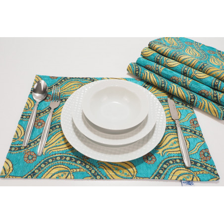 PlaceMat,Table Linens 12x18, Turquoise Blue Water Line Tulip Pattern Turkish Fabric Table Mat,Table Decoration, Living, Kitchen