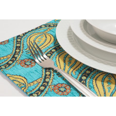 PlaceMat,Table Linens 12x18, Turquoise Blue Water Line Tulip Pattern Turkish Fabric Table Mat,Table Decoration, Living, Kitchen