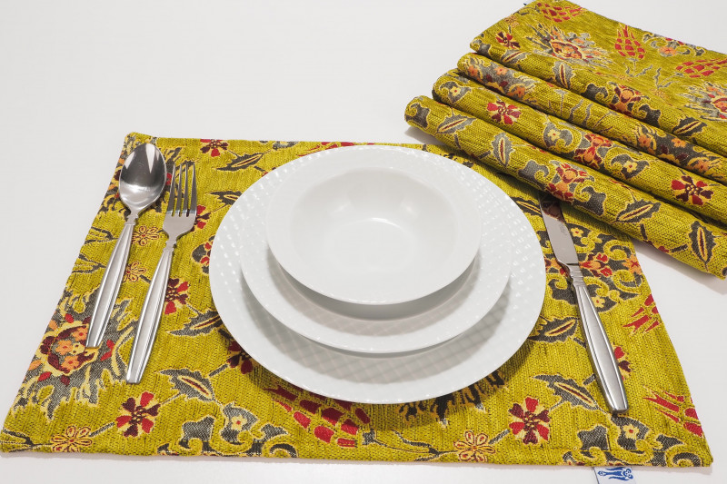 Place Mats, Table Linens 12x18, Pistachio Green Topkapi Palace Tulip Pattern Turkish Fabric Table Mats, Table Decoration Dining