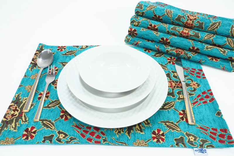 PlaceMats,Table Linens 12x18, Turquoise Blue Topkapi Palace Tulip Pattern Turkish Fabric Table Mat, Table Decoration for Dining