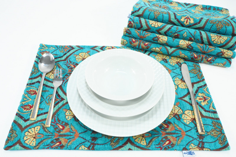 PlaceMat,Table Linens 12x18, Turquoise Blue Carnation Pattern Turkish Fabric Table Mat, Table Decoration, Living,Kitchen Dining