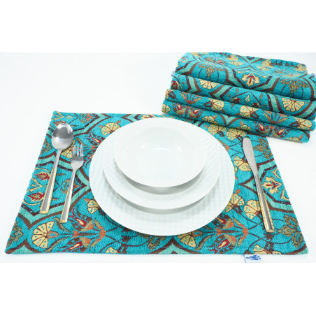 PlaceMat,Table Linens 12x18, Turquoise Blue Carnation Pattern Turkish Fabric Table Mat, Table Decoration, Living,Kitchen Dining