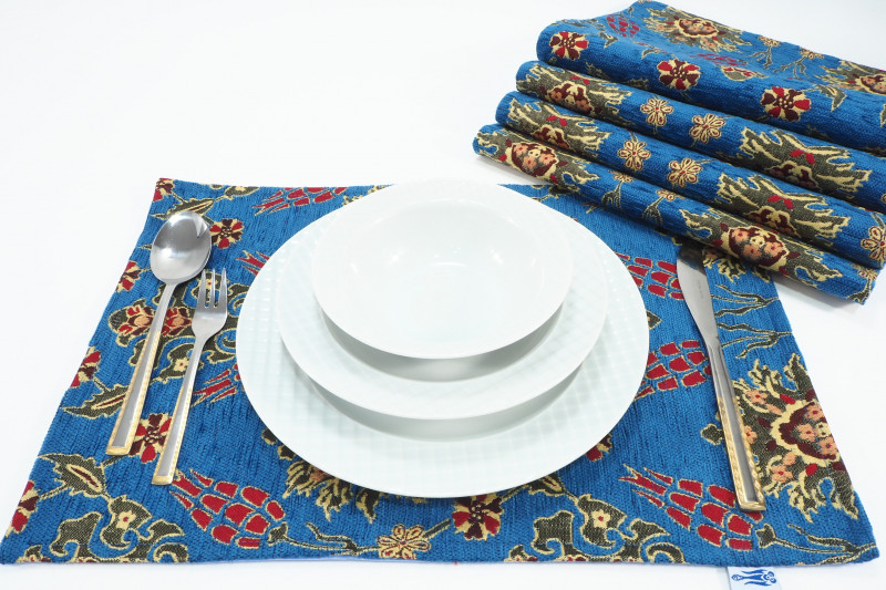 Place Mats,Table Linens 12x18, Navy Blue Topkapi Palace Tulip Pattern Turkish Fabric Table Mat, Table Decoration,Kitchen Dining