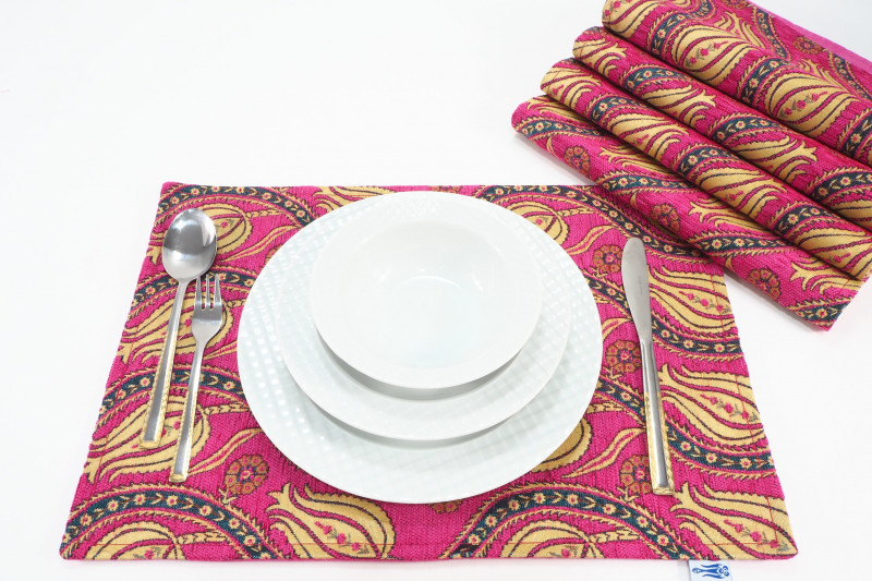 Place Mats, Table Linens 12x18, Mazenda Pink Water Line Tulip Pattern Turkish Fabric Table Mat, Table Decoration,Living, Dining