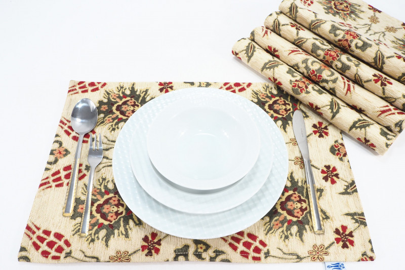 Place Mat,Table Linens 12x18,Beige Topkapi Palace Tulip Pattern Turkish Fabric Table Mat,Table Decoration,Living Kitchen Dining