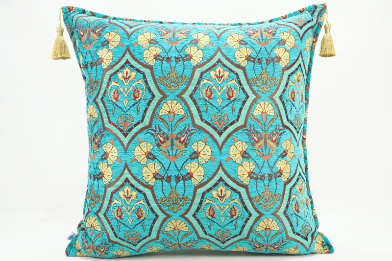 Fabric Pillow,Fabric Pillow 24x24,Turquoise Blue Carnation Pattern Turkish Jacquard Fabric Pillow,Decorative Throw Lumbar Pillow